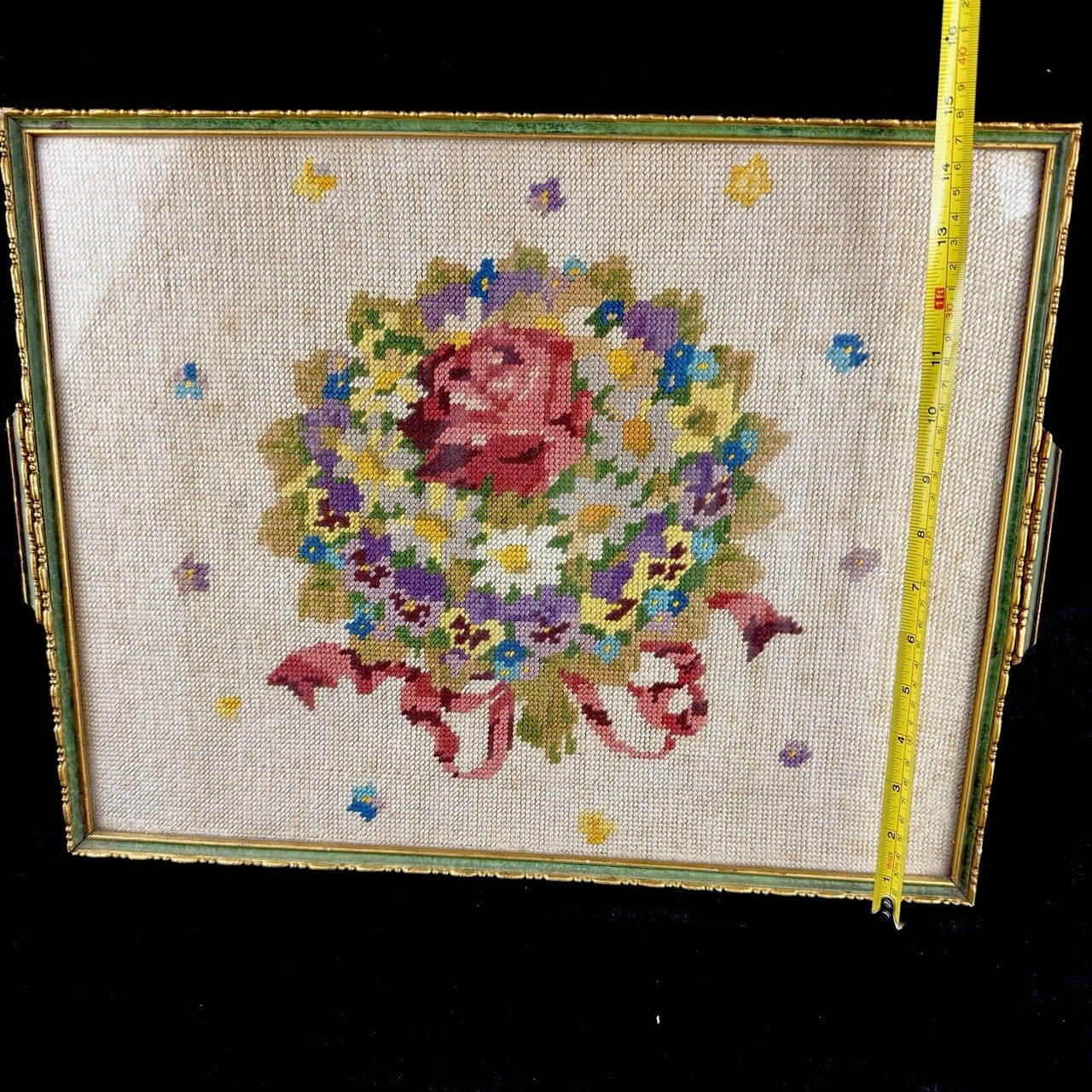 Floral Framed Needlepoint Tapestry Pink Rose Daisy Bouquet 2015” Wood Frame.11