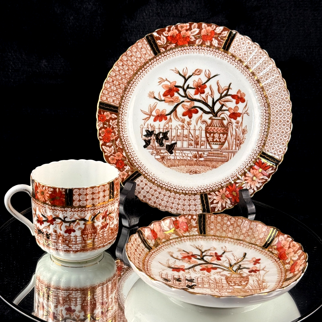 Bradford China Fenton Tea Trio Red Floral Gilt Antique Cup Saucer Plate deco Set15