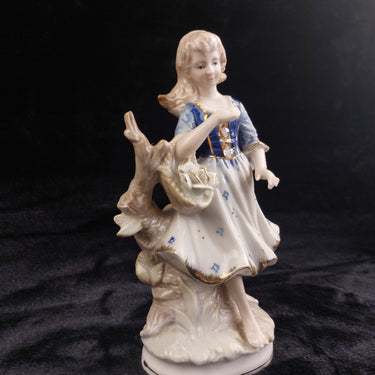 German Porcelain Figurine 8.5in Lady with Rose Blue Gold White see pics decor.1