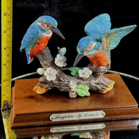 Thumbnail for Leonardo Kingfishers Figurine on Base Wood Bird Sculpture- Damaged flower Resin8