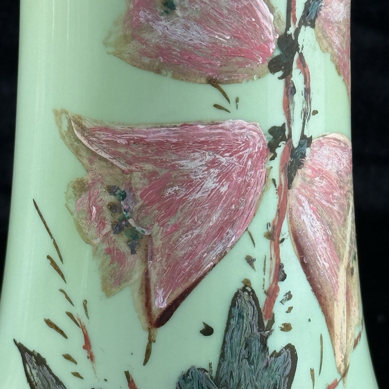 Milk Antique Glass Vase Pink Bell Flowers 10.5” Green Enamel Gilt bohem decor6