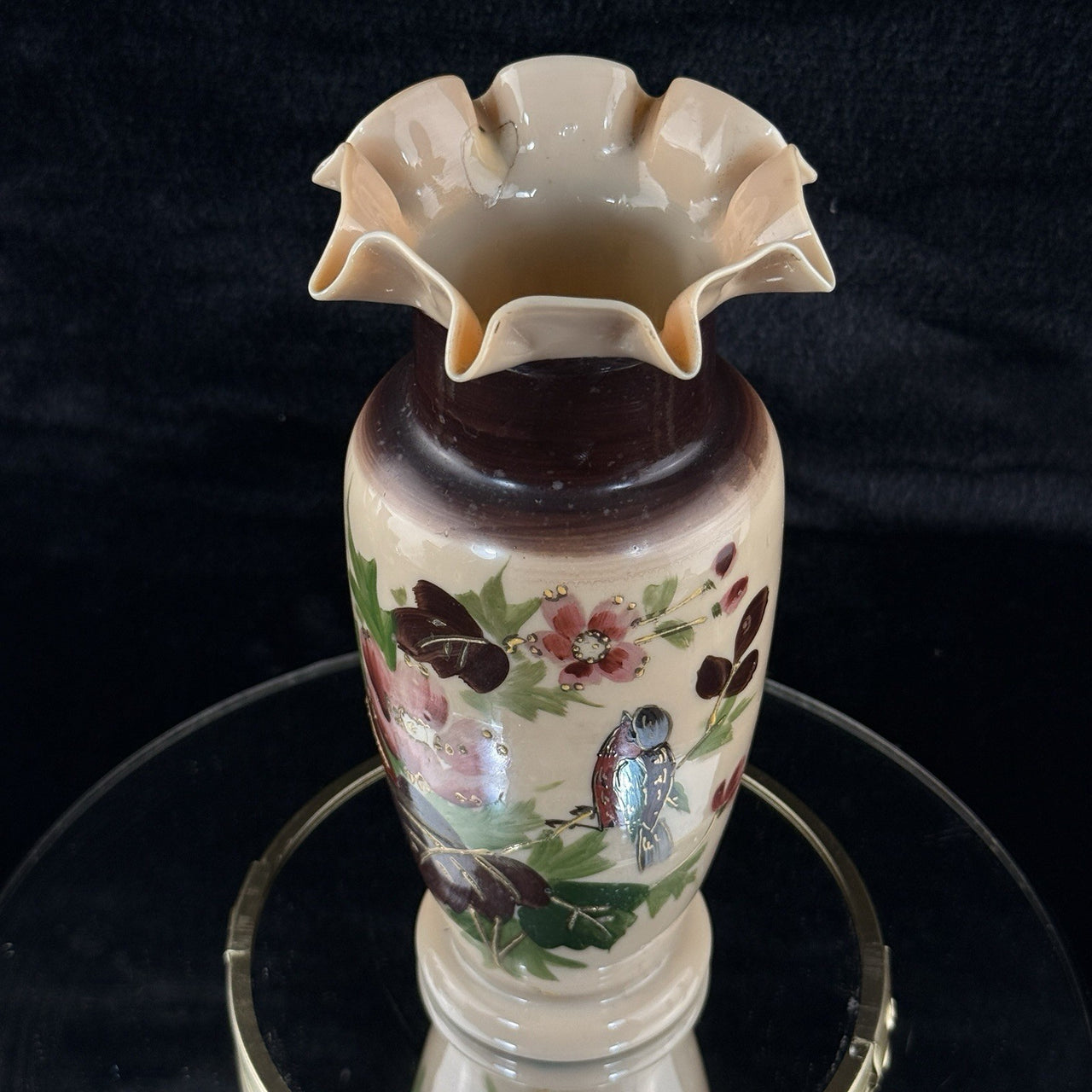 Antique Milk Porcelain Vase HandPainted Floral Bird Design Ruffle Rim 9.5” Tall5
