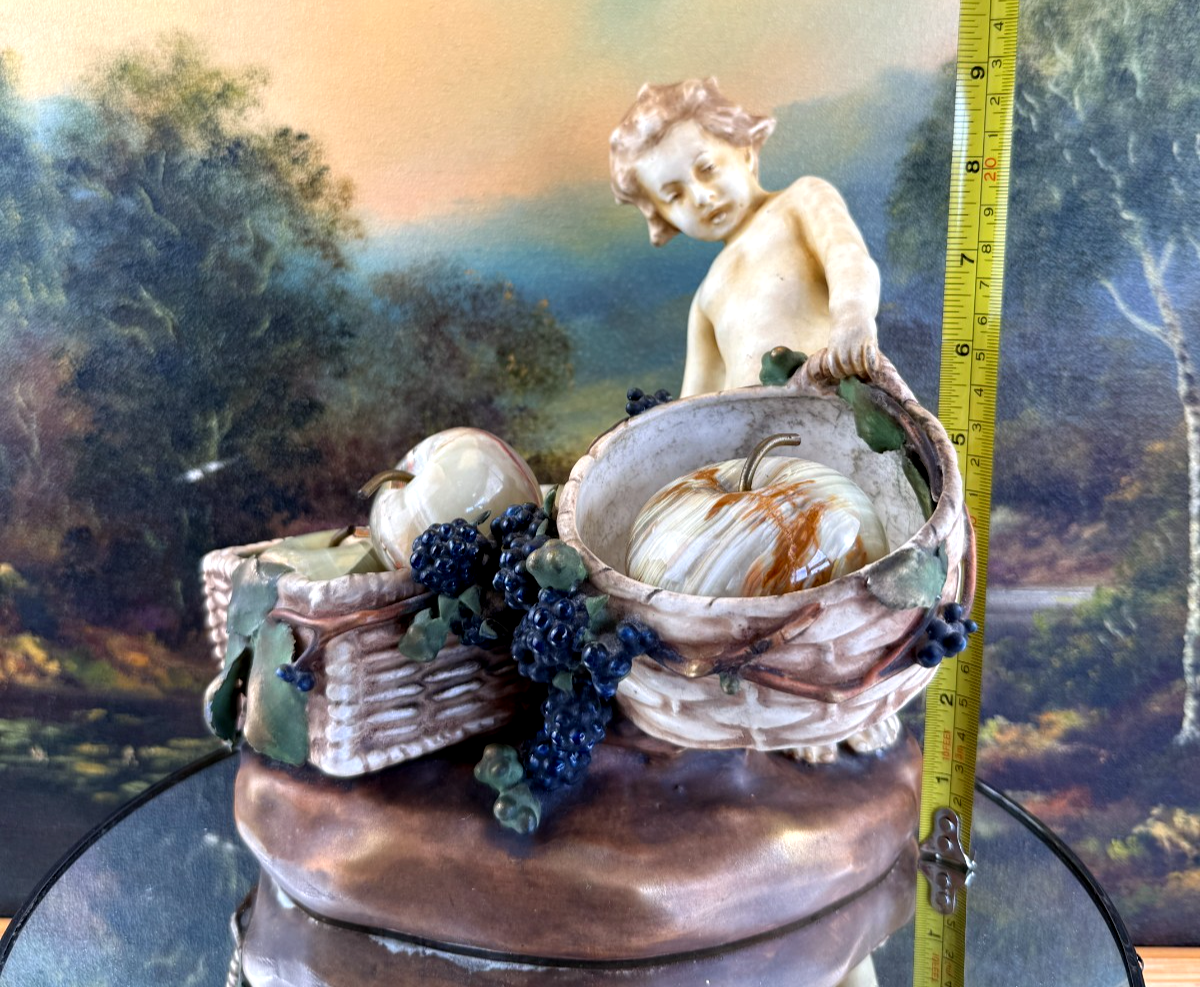 Antique Putti Planter Figurine with Wicker Baskets and Berries - Majolica Style14