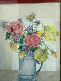 Thumbnail for Still Watercolor Life: Roses and Daisies in a Pewter Mug, Signed K.W. Painting5