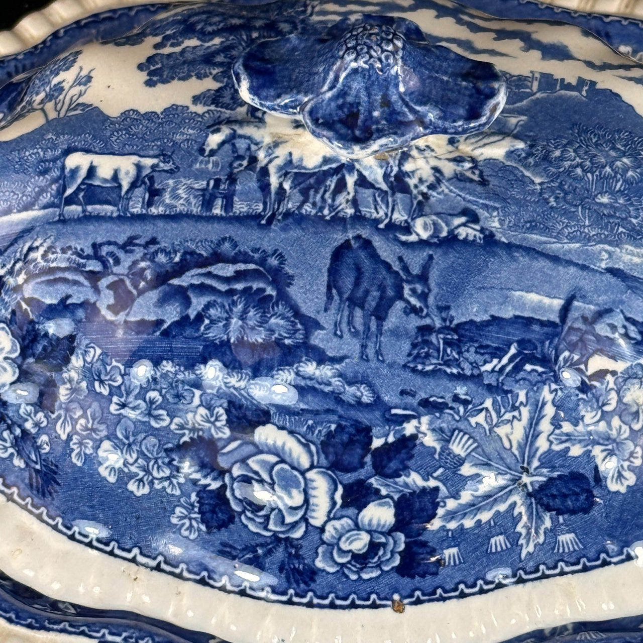 Adams Cattle Scenery Blue Transferware Tureen with Lid 11" England Ironstone11