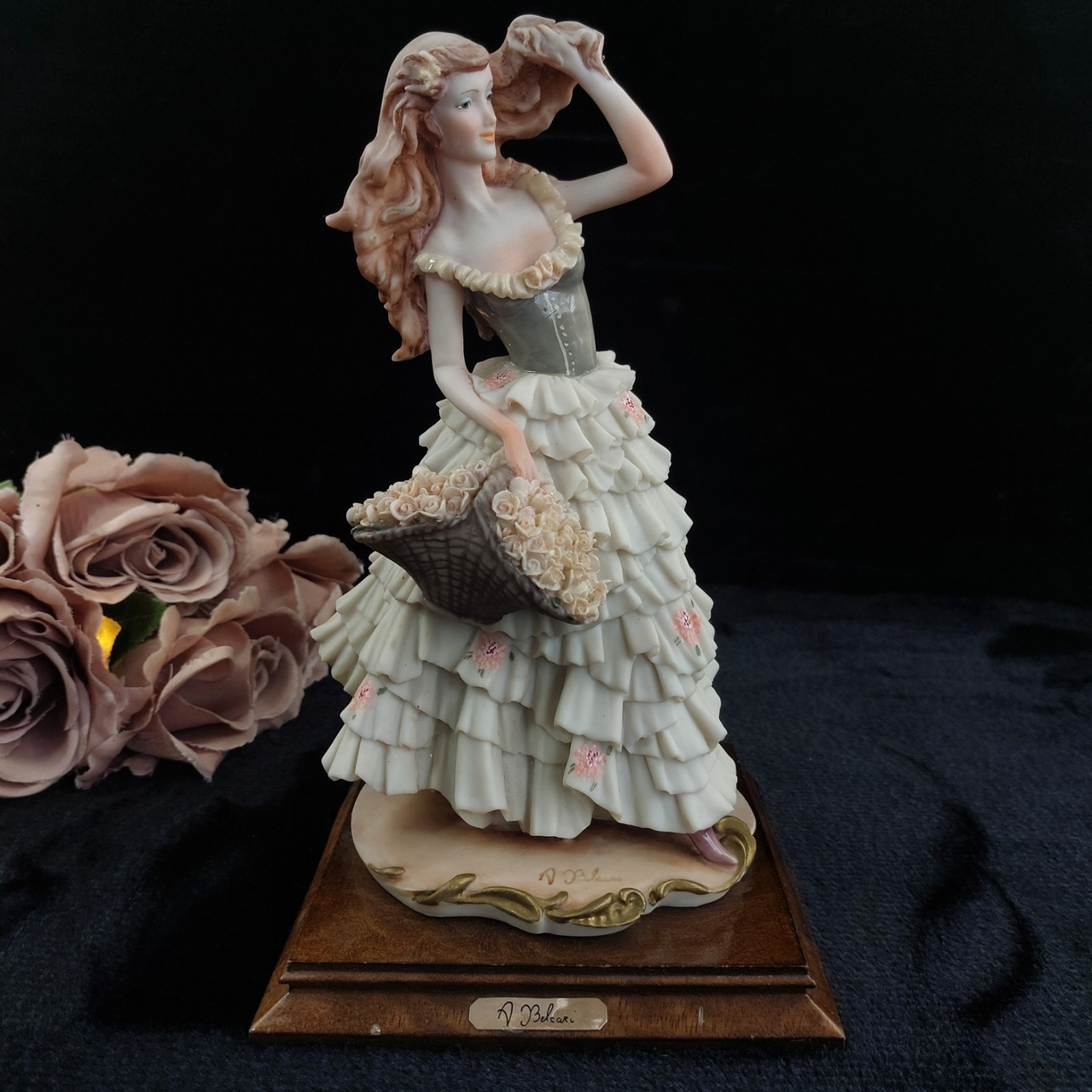 A. Lady Belcari Figurine Roses Basket 1989 Dear Sculpture Italy 10” ARMANI 1