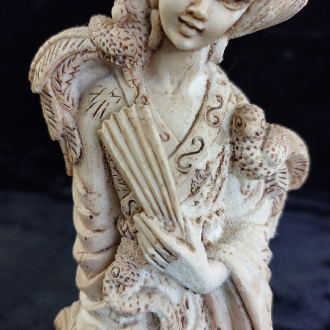 Asian Woman with Fan and Birds Resin Figurine Ivory Colour Approx 10in Worn15