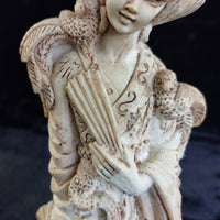 Thumbnail for Asian Woman with Fan and Birds Resin Figurine Ivory Colour Approx 10in Worn15