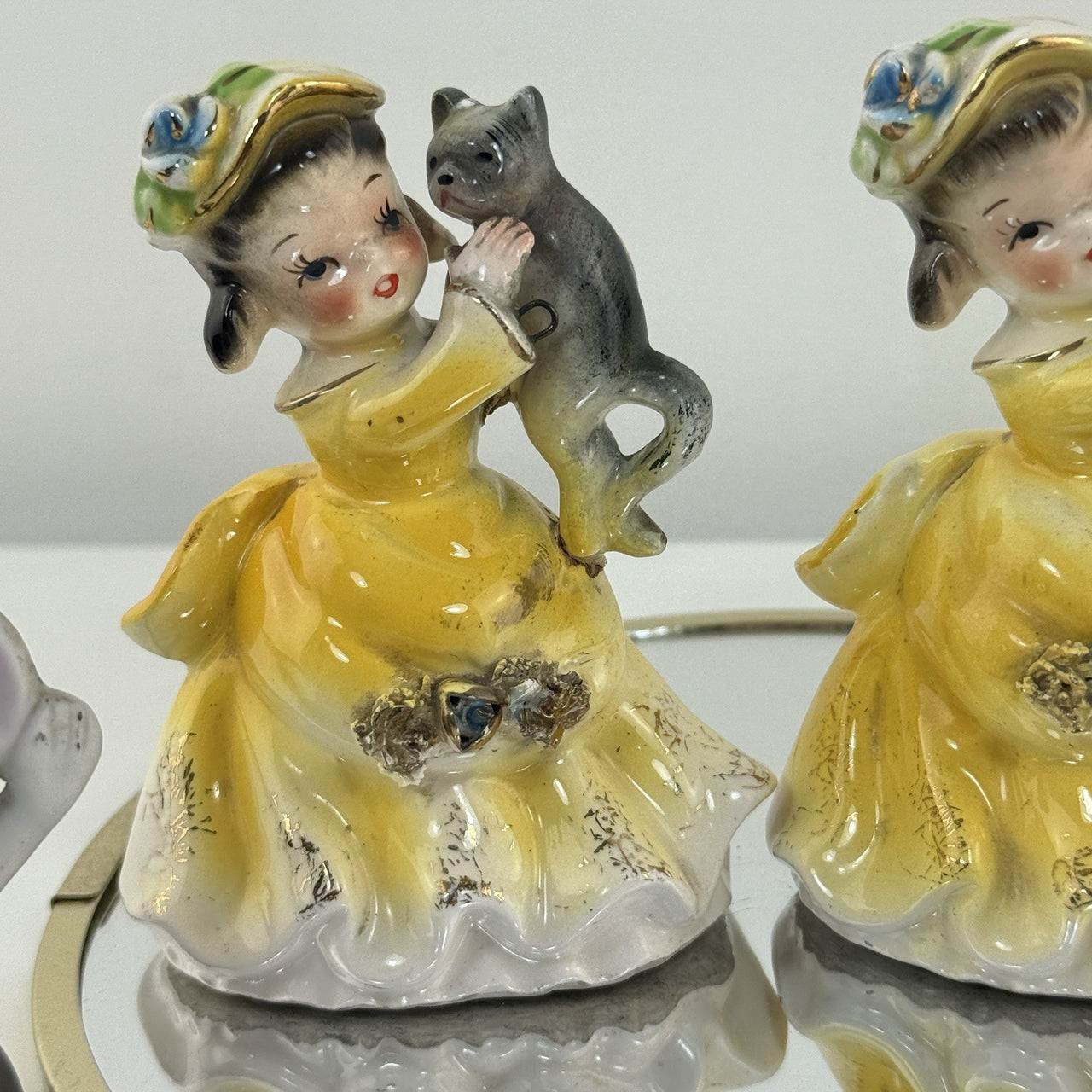 Vintage Korea Figurines Girl with Cat & Mice Set Hand Painted Ceramic 1950s3