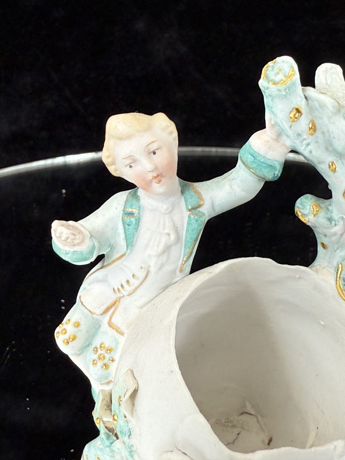 Antique 19th century German Porcelain Figurine Planter/Vase: Boy with Bird Gilt2
