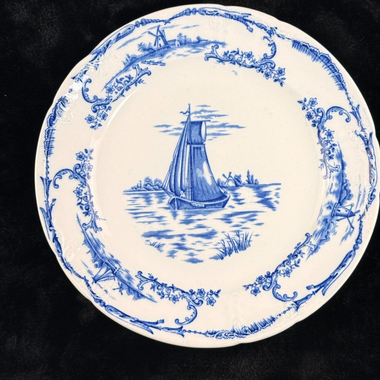 Delph & Blue White Transferware Plates Sailboat Scene x2 Antique, 1890s decor UK9