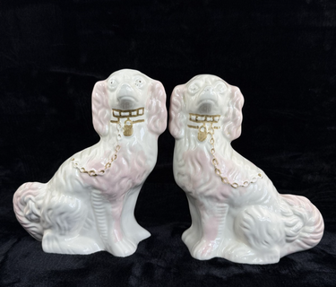 Antique Staffordshire Porcelain Pink and White  Pair King Charles Spaniel decor1