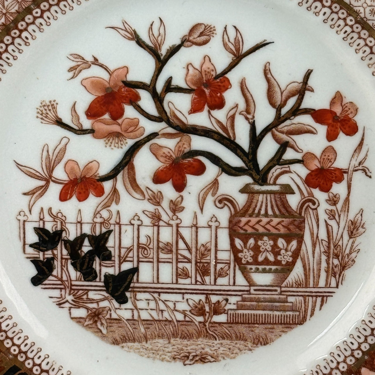 Bradford China Fenton Tea Trio Red Floral Gilt Antique Cup Saucer Plate deco Set4
