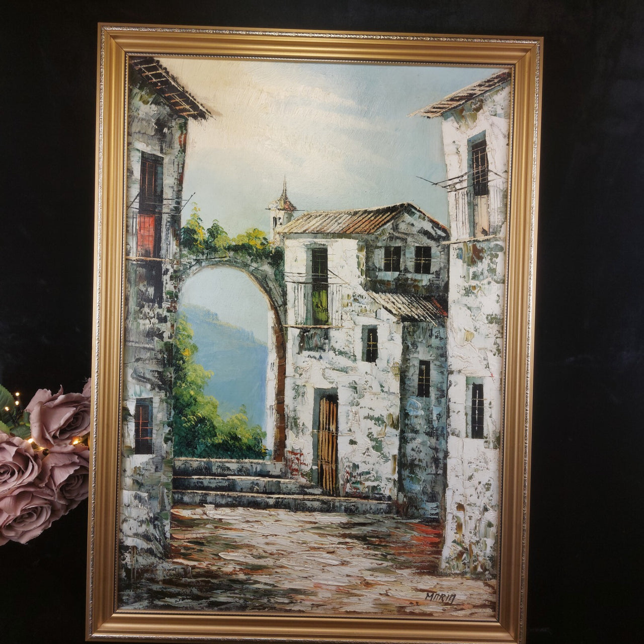 Vintage Framed Oil Painting Signed by Maria European Village Scene Gold Frame2