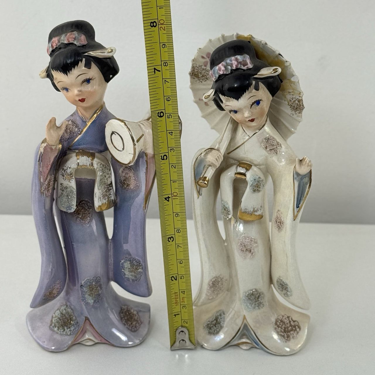 Vintage Geisha Girl Figurines Pair 9” Ceramic Japan Style Kimono Parasol & Drum11