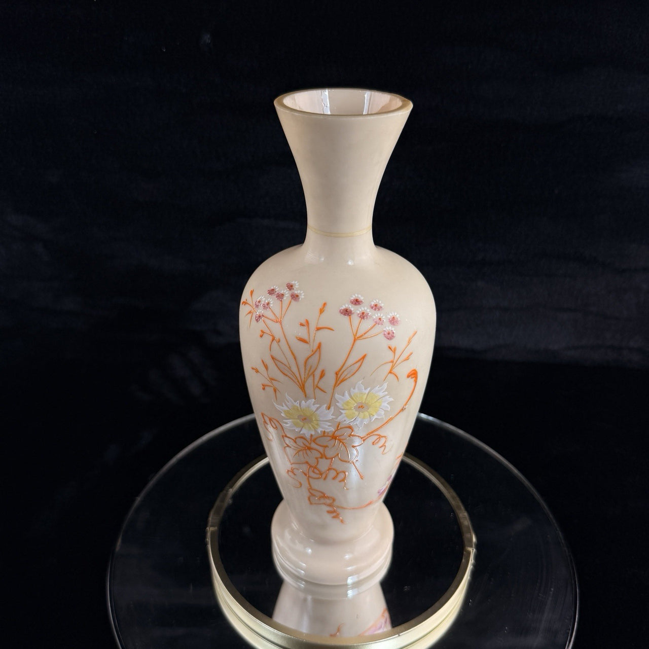Antique Vintage Hand Painted Milk Glass Vase Floral Enamel Tall 10” Art Deco Sty1
