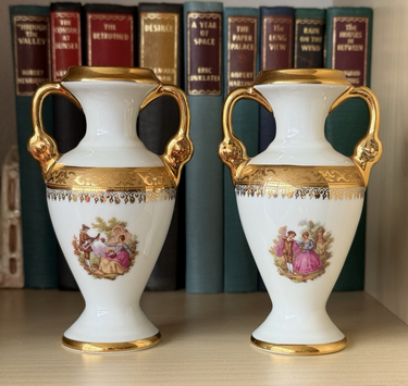 Pair of La Reine Limoges Porcelain Vases Gold Gilt with Romantic Courting Scene.0