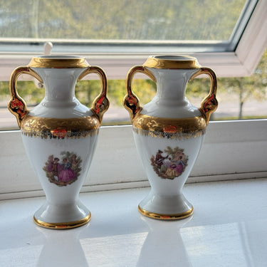 Pair of La Reine Limoges Porcelain Vases Gold Gilt with Romantic Courting Scene.1