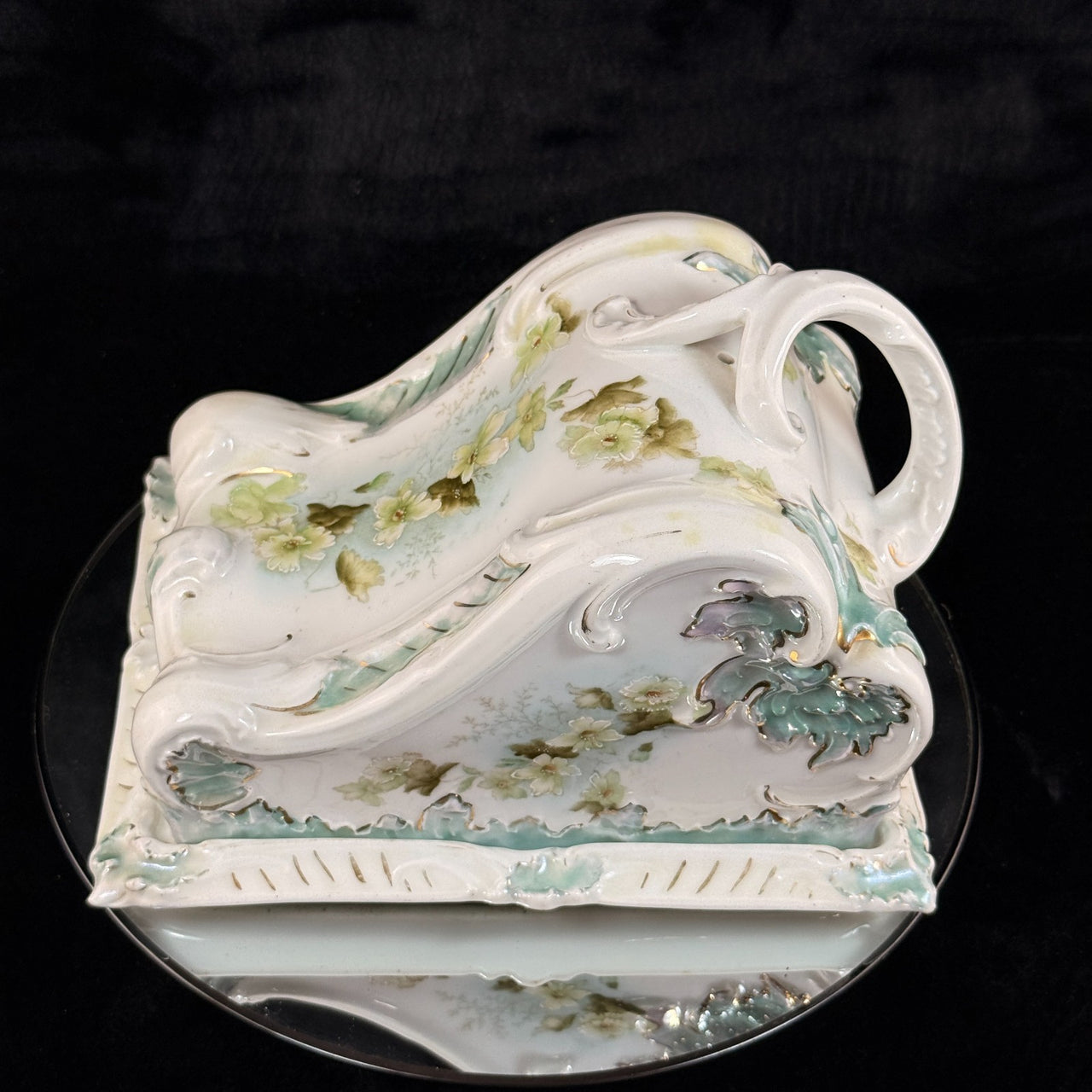 Antique Porcelain butter dish Tureen Art Nouveau Floral Green Gilt Handle 9"x8"1