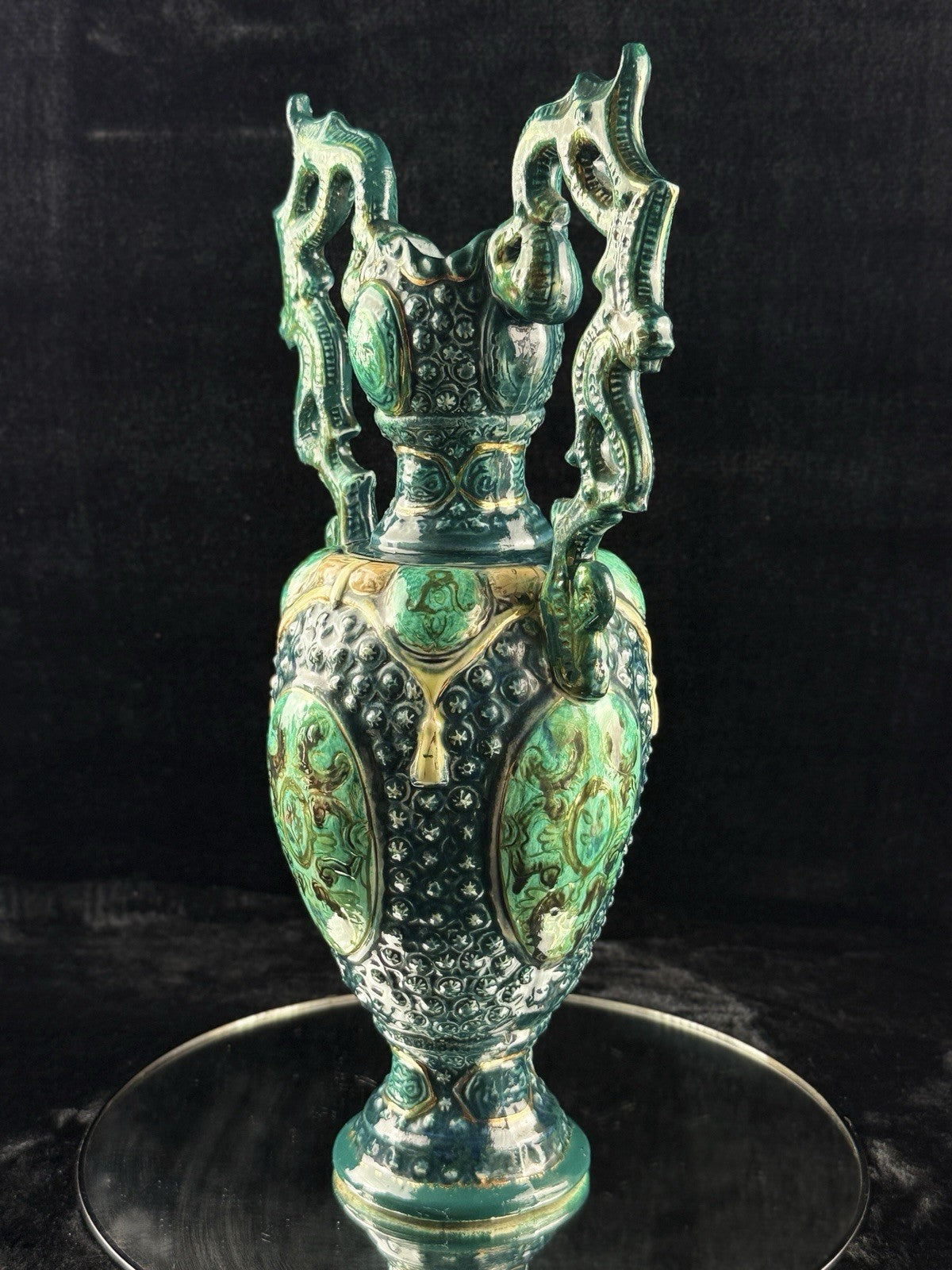 Romano Majolica Style Ornate Green Vase Glazed Ceramic 15” Antique Vase7