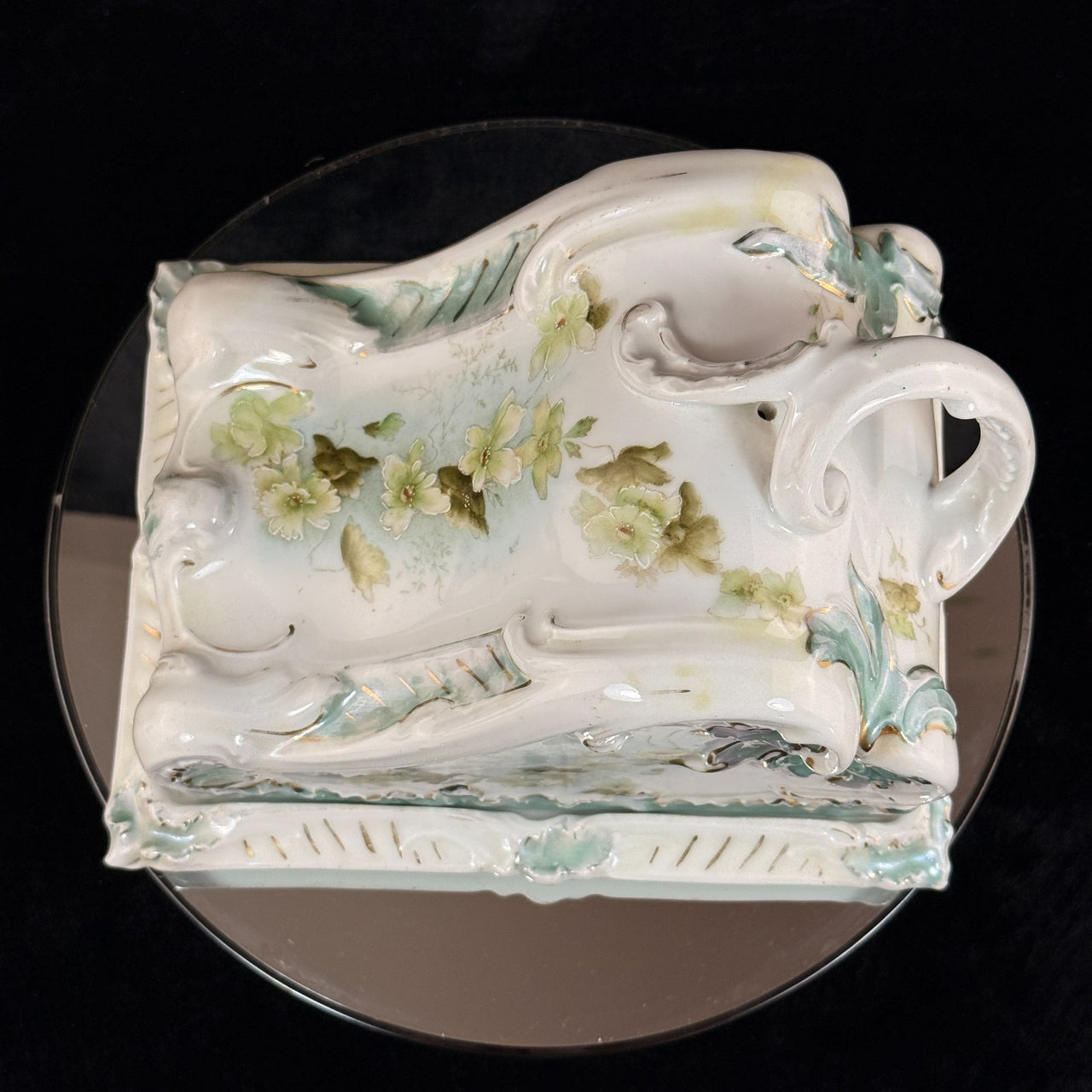 Antique Porcelain butter dish Tureen Art Nouveau Floral Green Gilt Handle 9"x8"2
