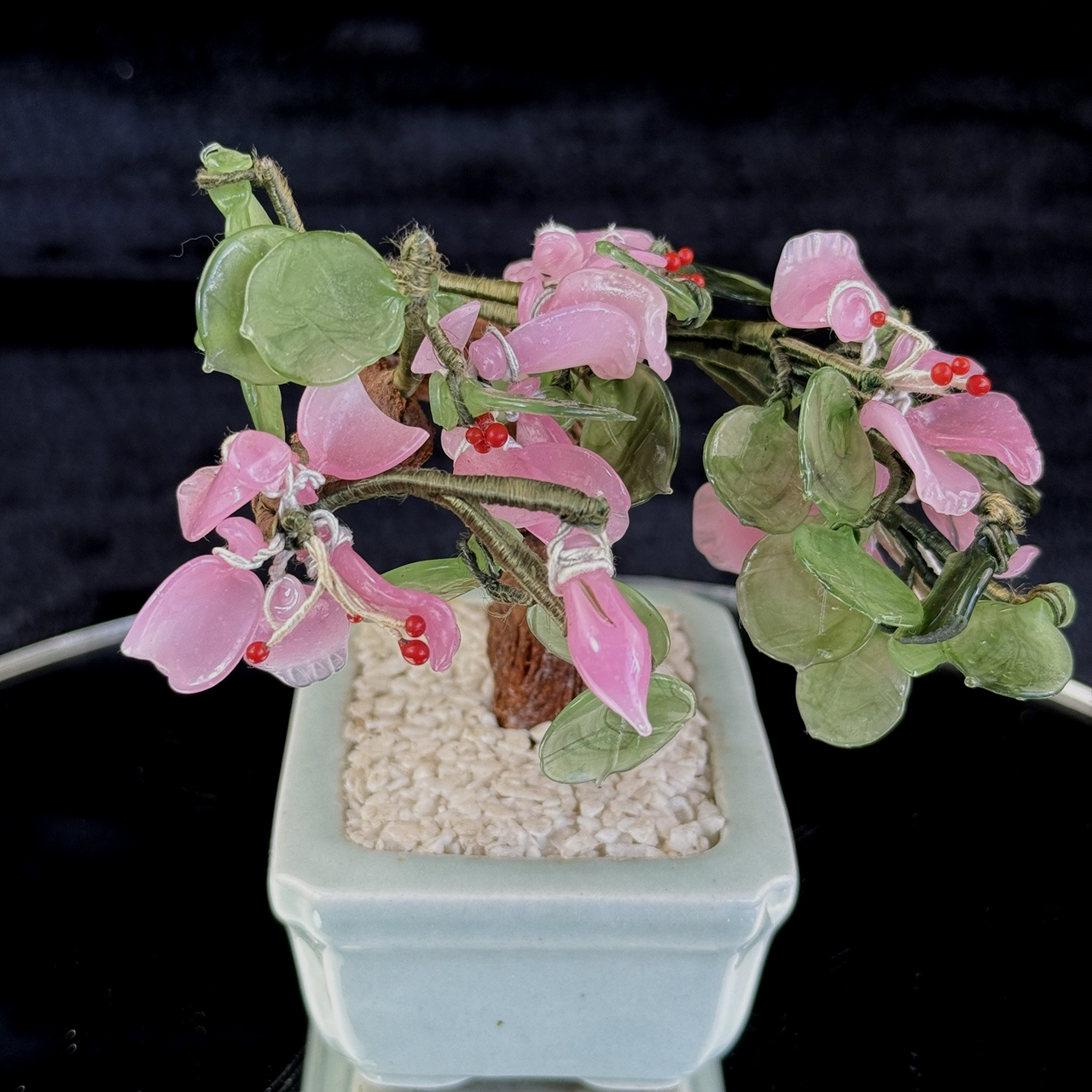 Hand-Carved Bonsai Jade/Stone Tree Figurine - Pink Flowers & Green Leaves gift5