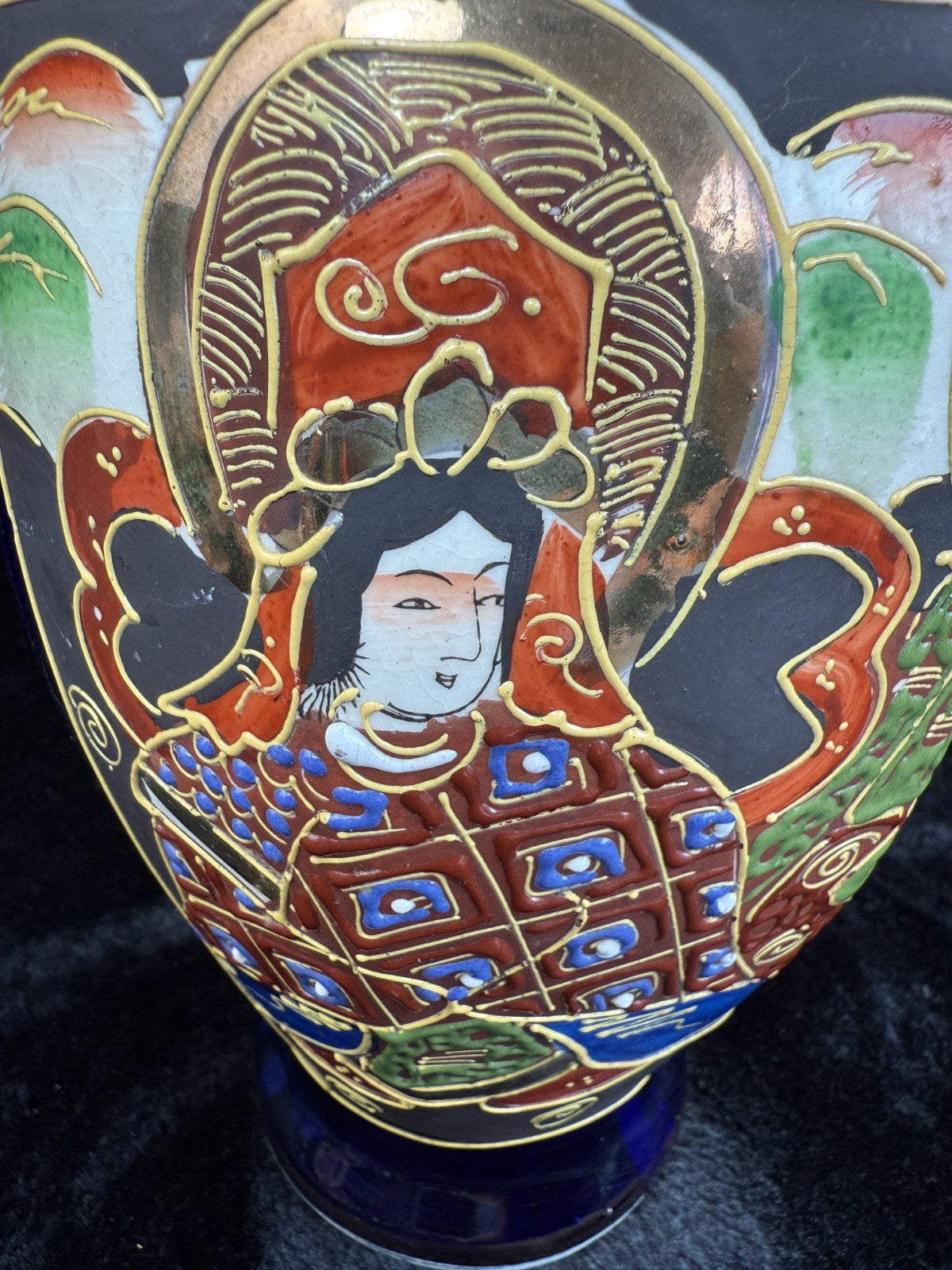 Oriental Hand-Painted navy blue Vase - 'Foreign' Mark Antique Porcelain Satsuma.9