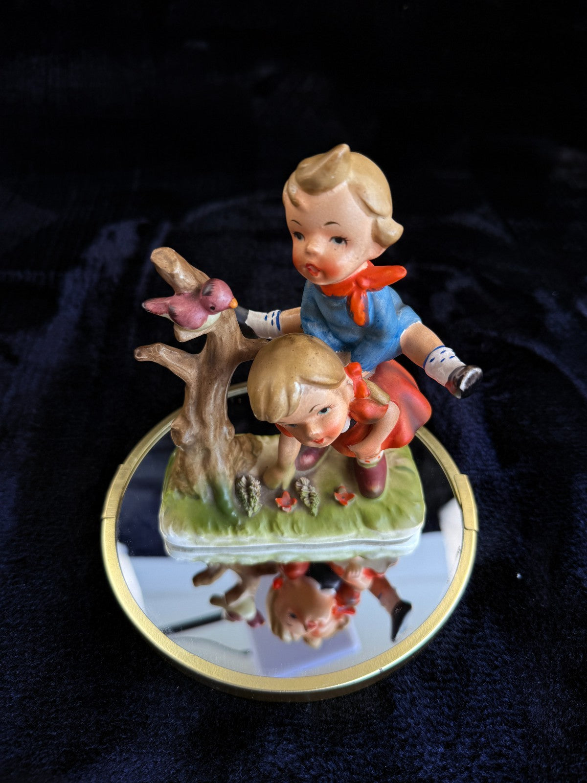 Hummel Vintage style Porcelain Figurine of Children with a Bird on a Tree 7in2