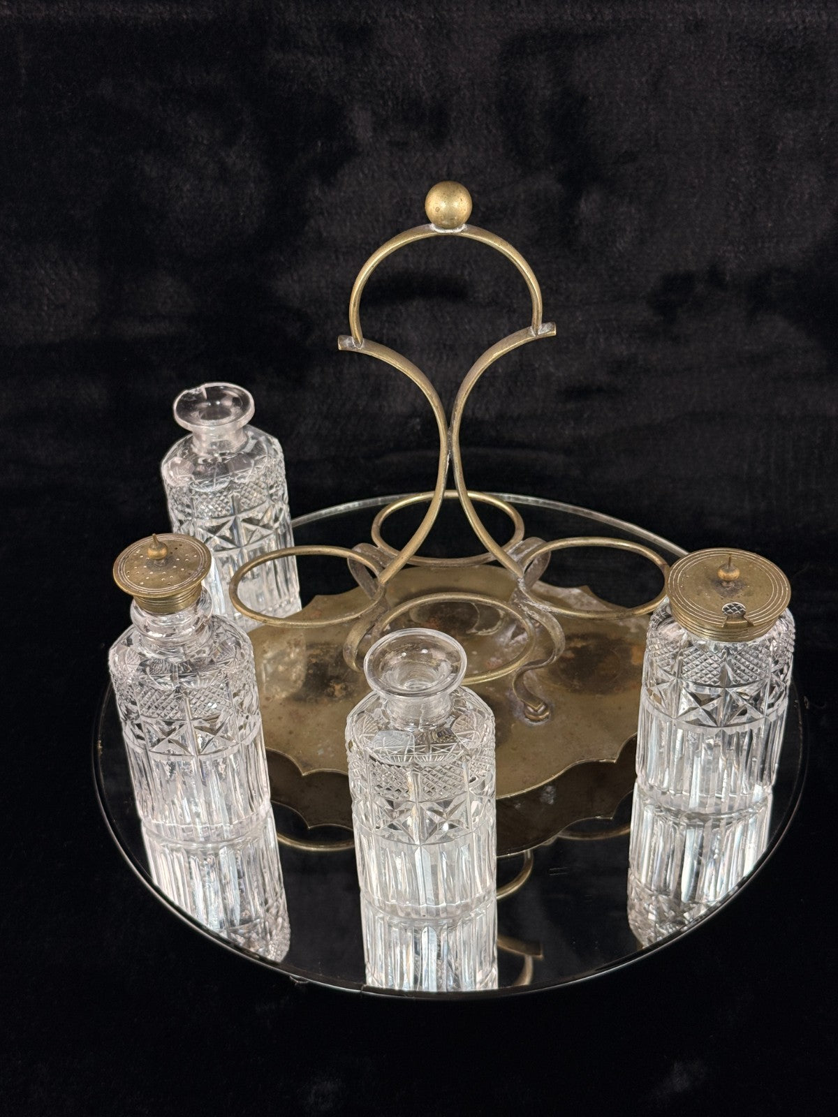 Antique Brass & Cut Glass Cruet Set Four Bottle Table Castor Stand Marked EPNS.8