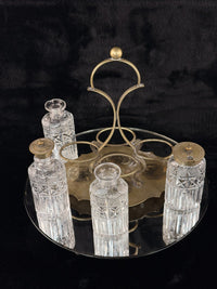 Thumbnail for Antique Brass & Cut Glass Cruet Set Four Bottle Table Castor Stand Marked EPNS.8