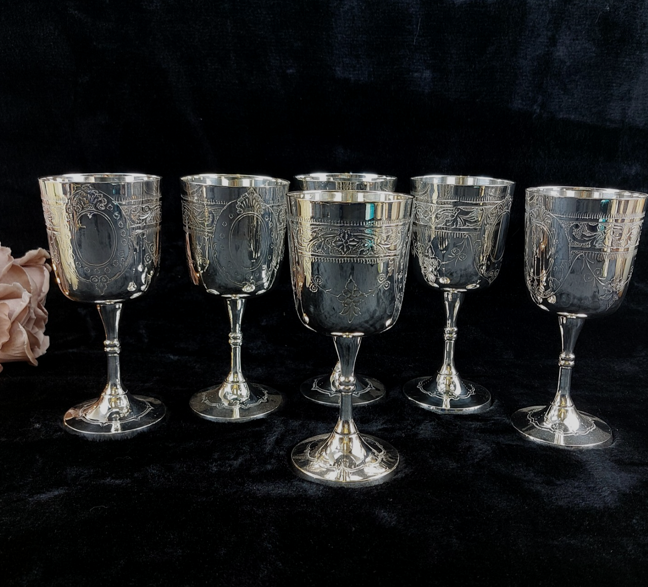 Set 6 of Renaissance Style French Silver Wine Goblets EPNS Hallmark.1