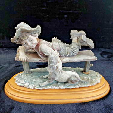G. Armani Figurine Acceptable 1990 Boy Bench Dog Signed    SculptureVintage 7.50