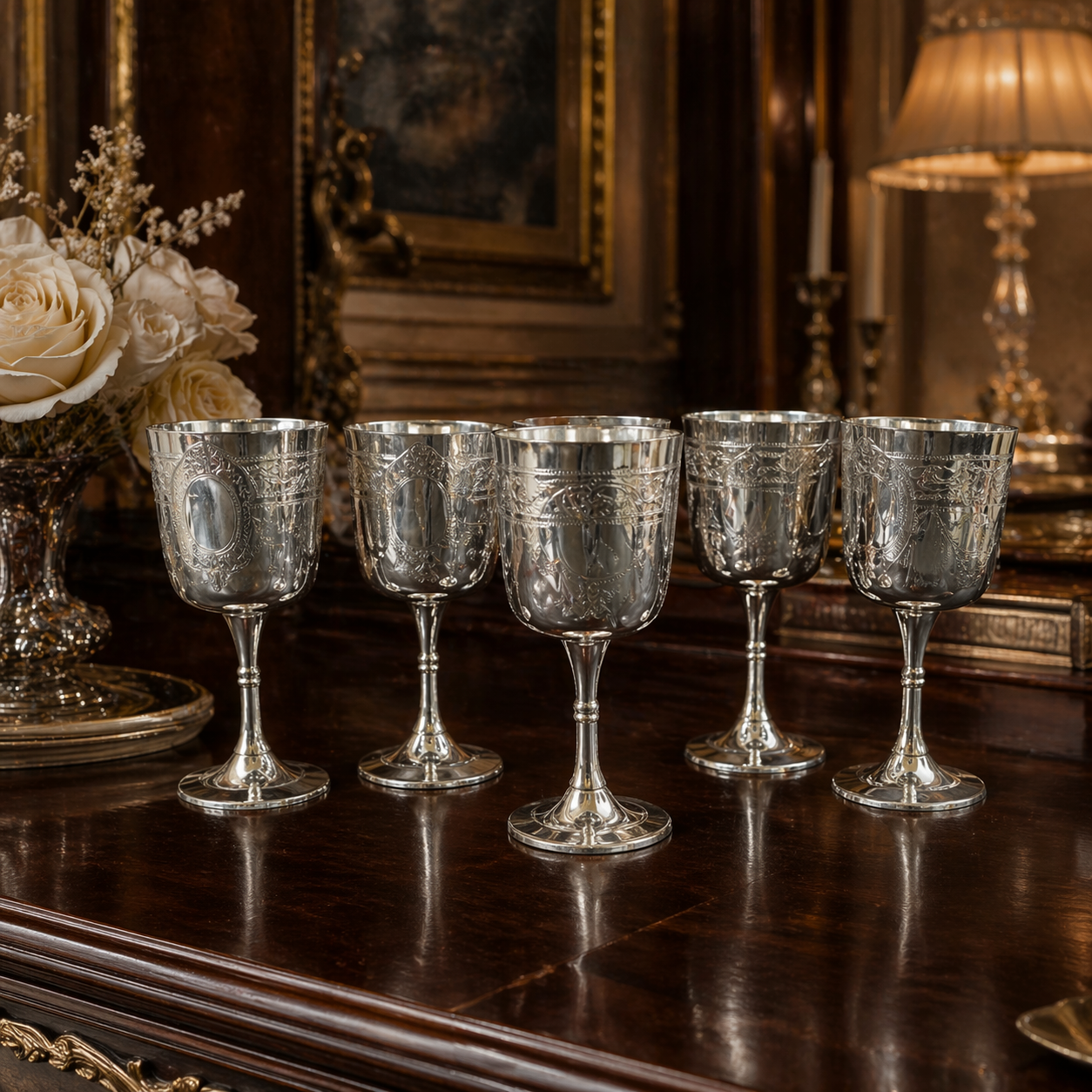 Set 6 of Renaissance Style French Silver Wine Goblets EPNS Hallmark.0