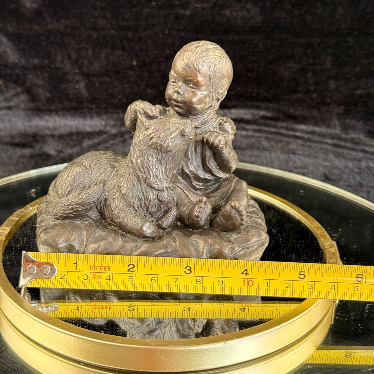 Vintage Bronze signed Baby with Dog Sculpture – 4.5" Wide 4" Tall Figurine gift11