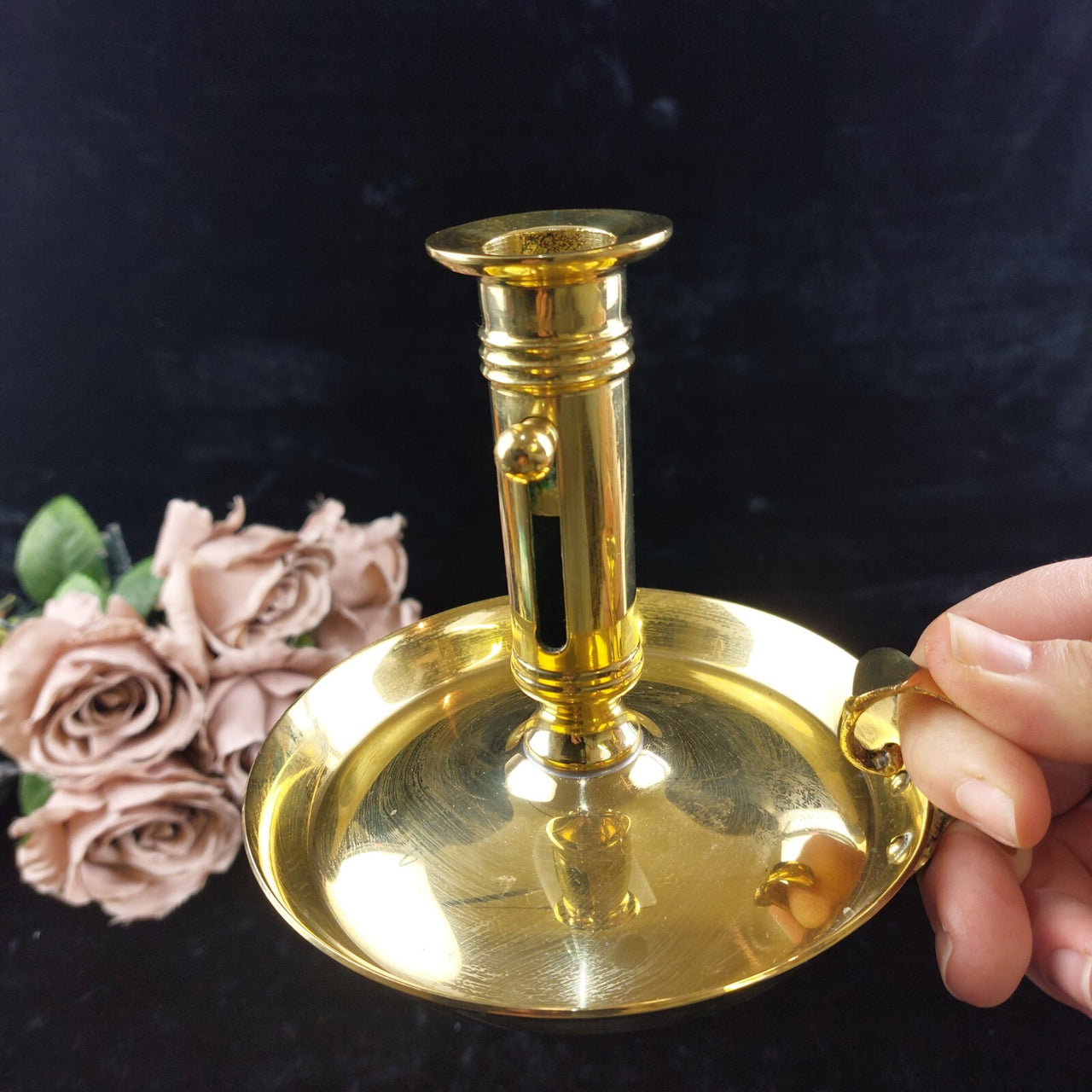 Brass Chamberstick Candle Holder Adjustable Push-Up Tone Gold Design Collectable0