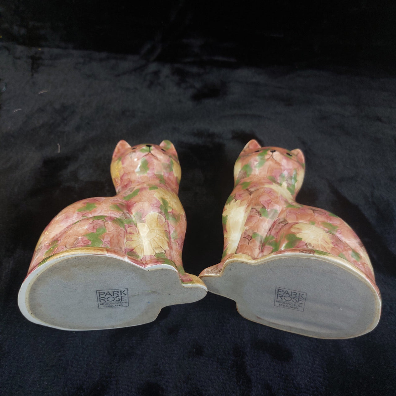 Rose Park Cat Pair Good Floral Crackle Glaze 8.5" Figurines England Ceramic8