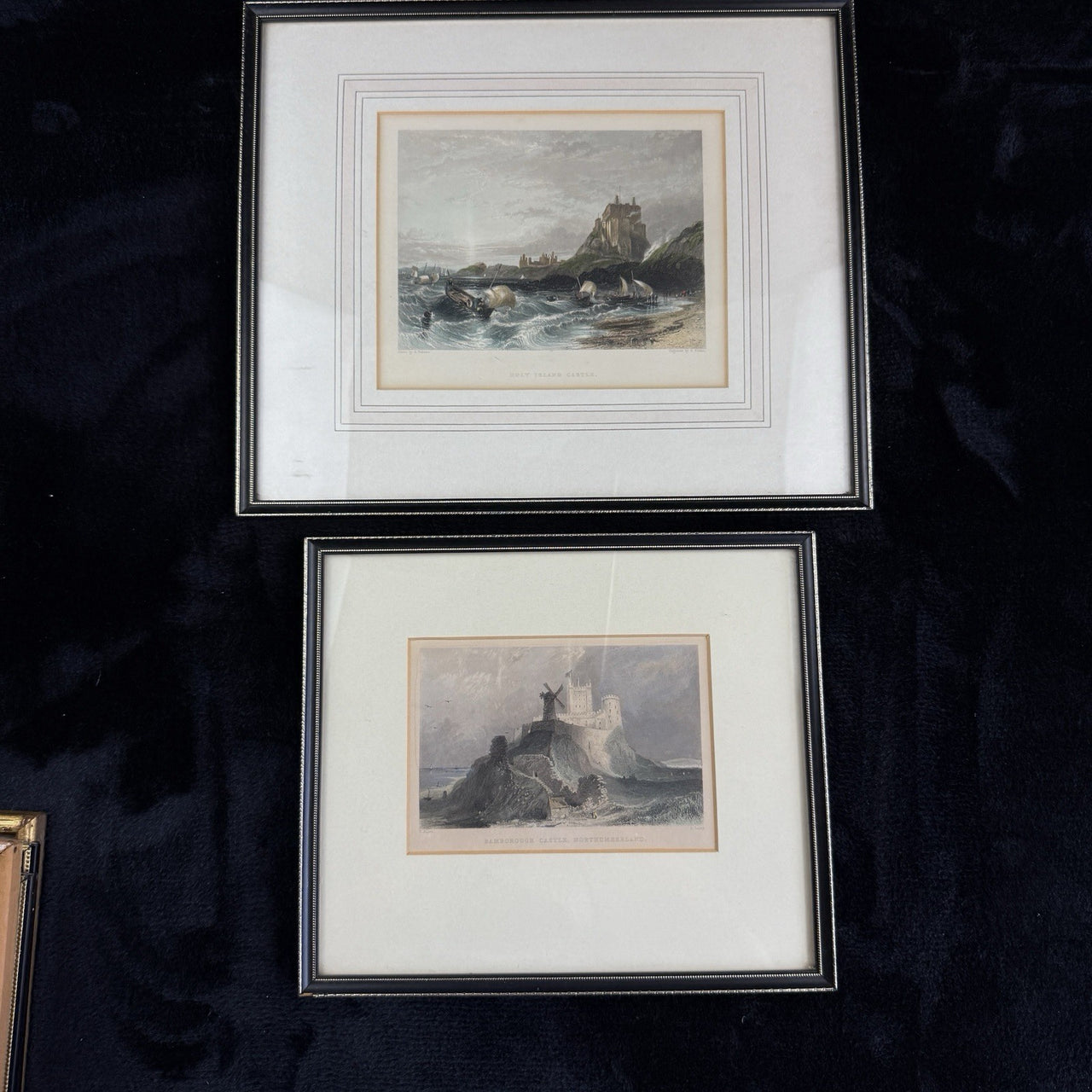 Pair Antique c.1830s Thomas Allom Engravings pr Bamborough & Holy Island Castle.2