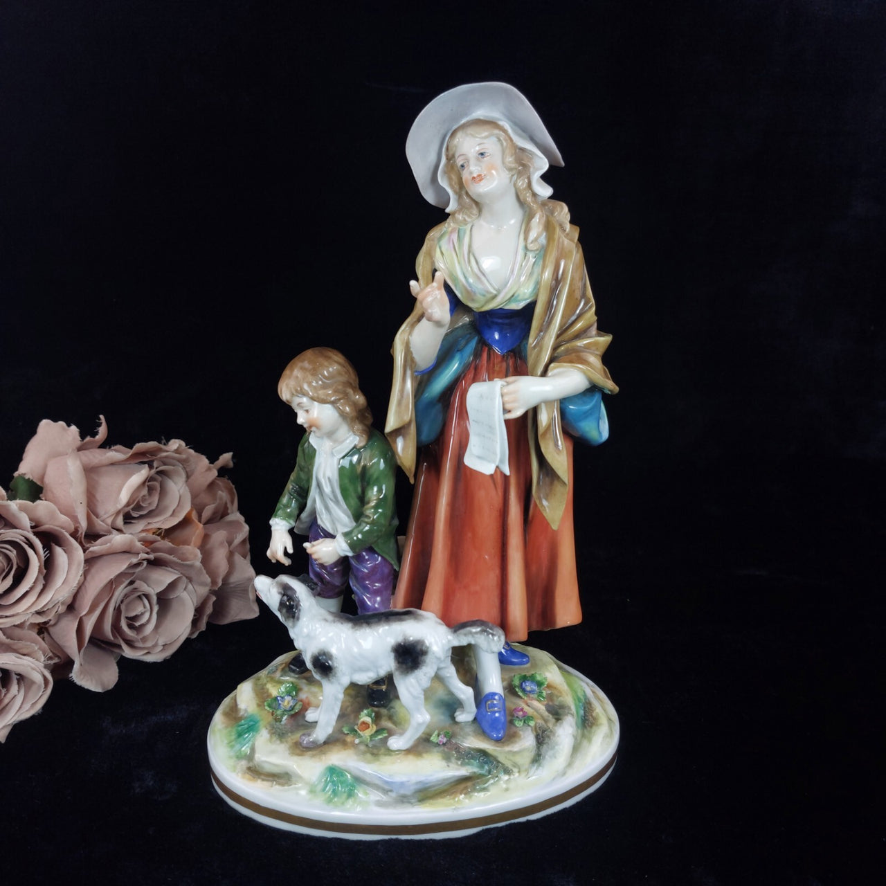 Volkstedt Figurine Porcelain Woman Child Dog Crown N Mark 30cm/12in German 1489g0
