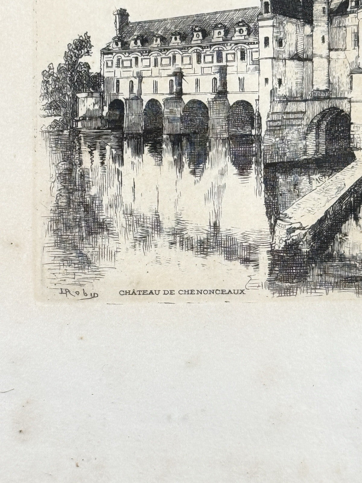 French Castle Vintage Château de Chenonceaux Framed Etching Print Art Drawing.4