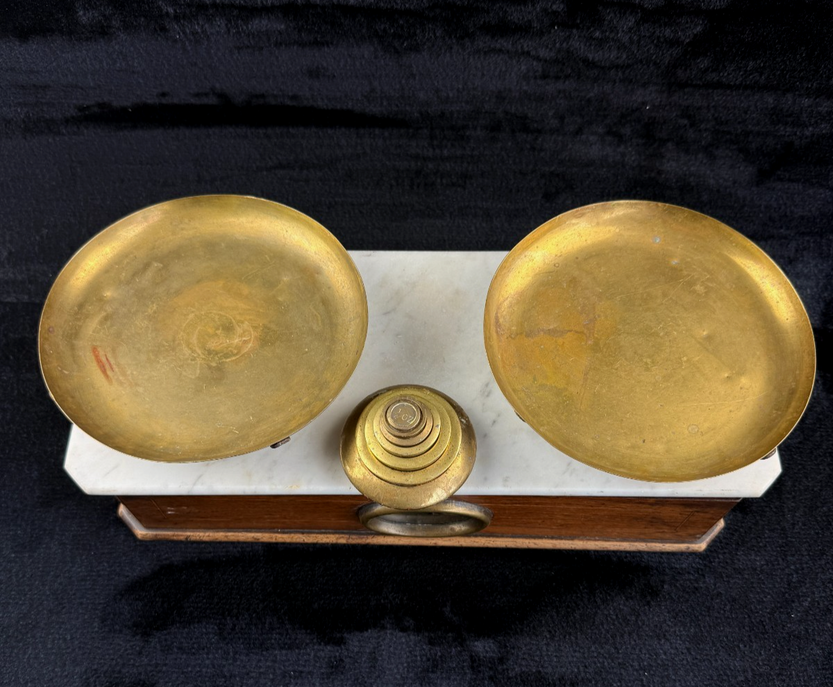 Rare Antique Victorian Apothecary Balance Scale with Marble Base & Brass Weight5