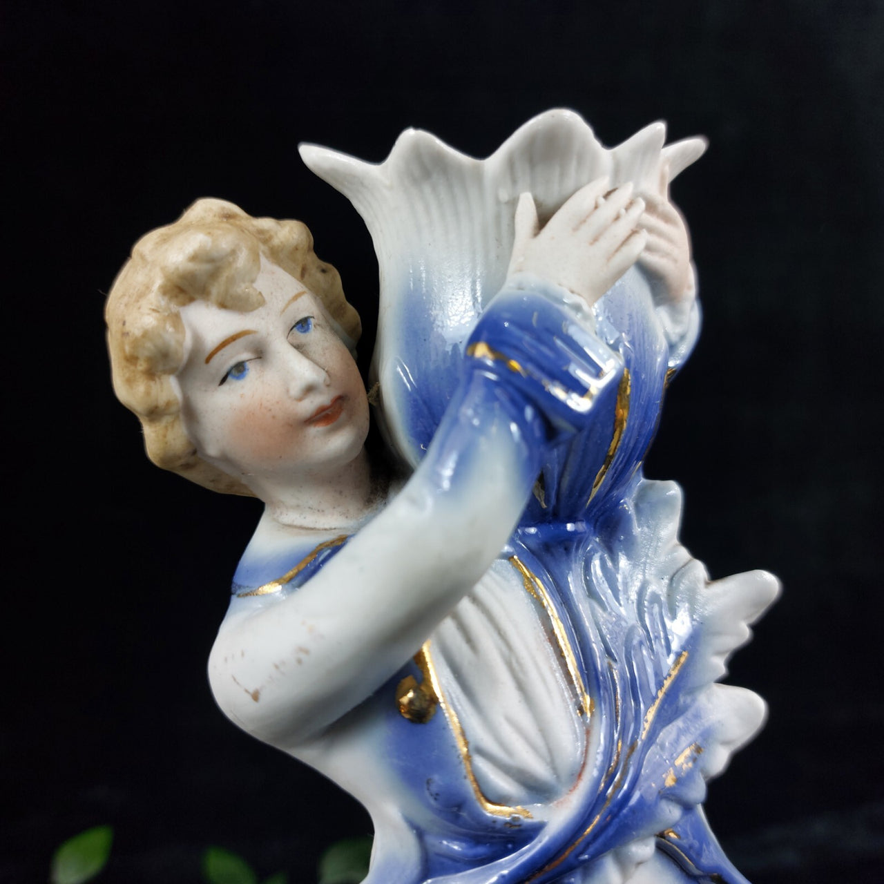 Antique German Bisque Porcelain Candle Holder Figurine Blue & Gold Accents 9"4