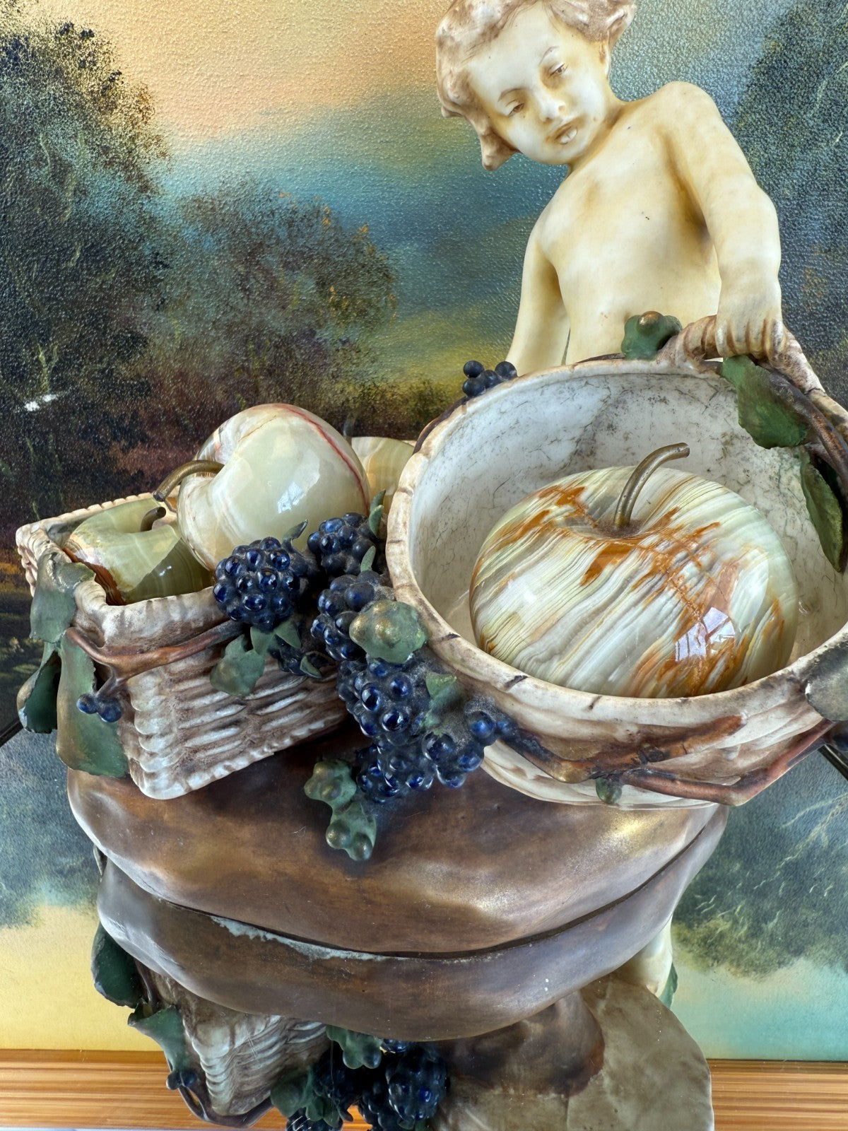 Antique Putti Planter Figurine with Wicker Baskets and Berries - Majolica Style12