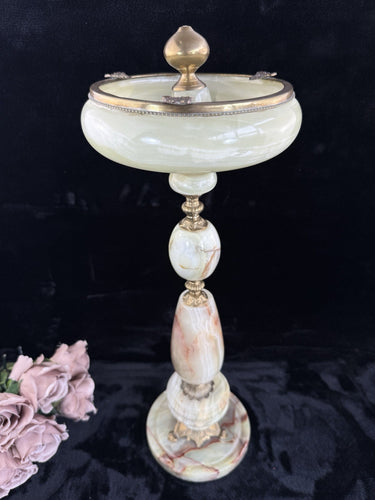 Art Deco Green Onyx Marble Brass Pedestal Ashtray Stand Tobacciana home decor1