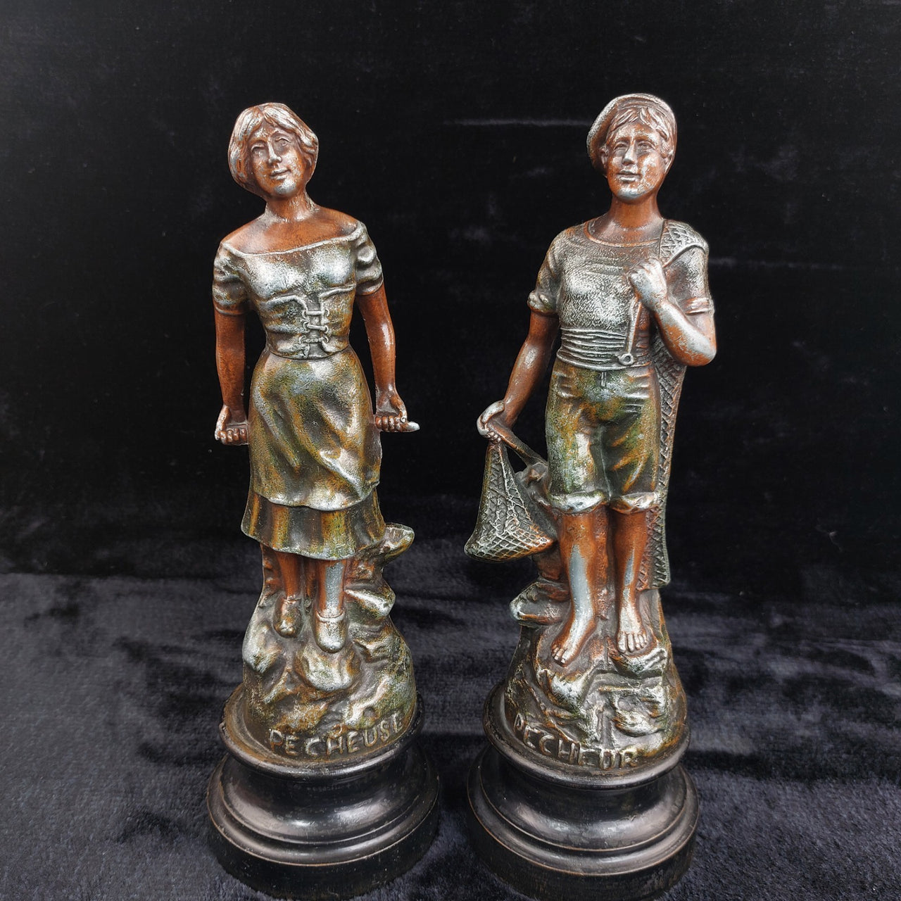 Vintage Pecheuse Pecheur Fisherman & woman Statues Pair Patina Bronze Look0