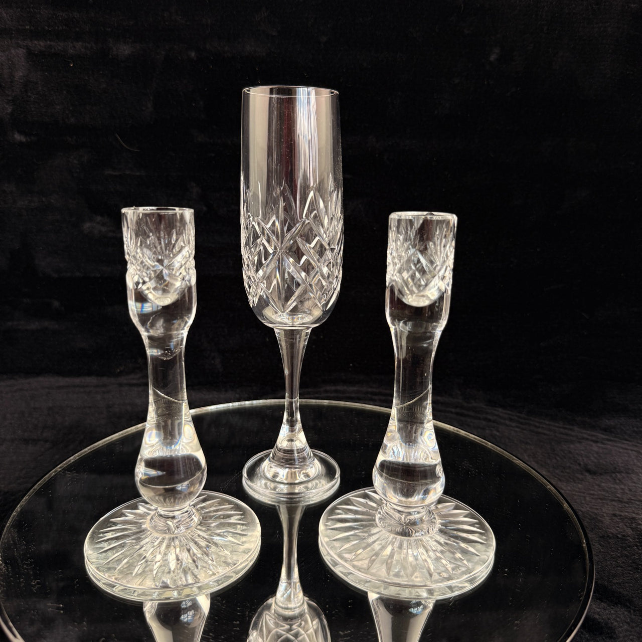 Vintage Cut Crystal Glassware Set – 6 Champagne Flutes & 2 Candlestick Holders6