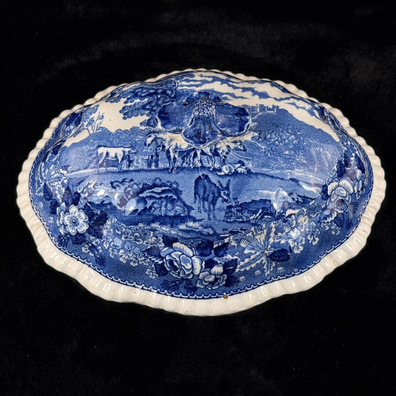 Adams Cattle Scenery Blue Transferware Tureen with Lid 11" England Ironstone3
