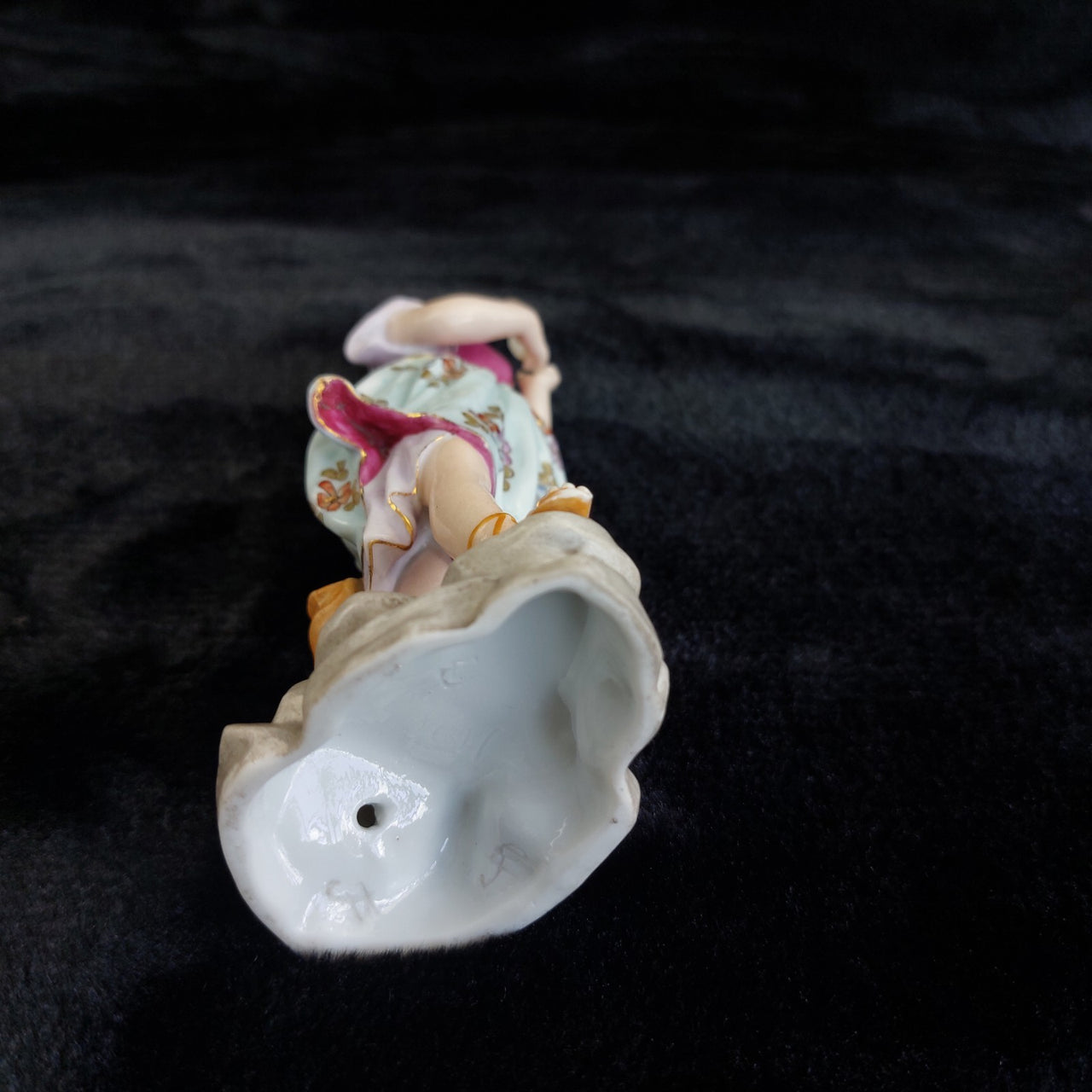 German Porcelain Lady Figurine Holding Mask Flowered Dress Victorian Antique10