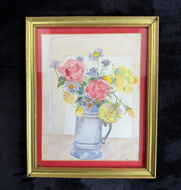 Still Watercolor Life: Roses and Daisies in a Pewter Mug, Signed K.W. Painting0