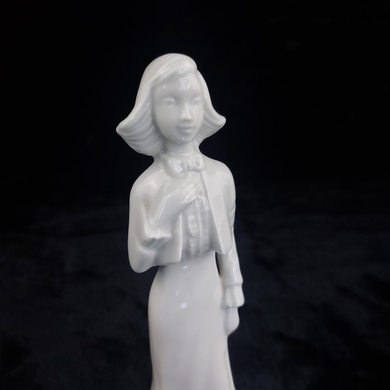 Vintage white Porcelain beautiful Girl FigurineElegant White Dress Blue Mark  9"4