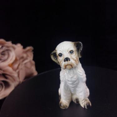 Vintage Ceramic Terrier Figurine Dog | Sitting Puppy Statue | White & Brown Time1